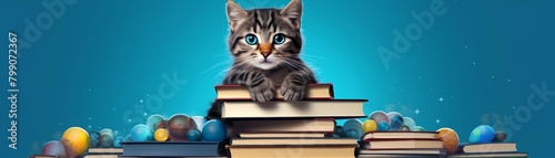 A cute cat is sitting on a stack of books