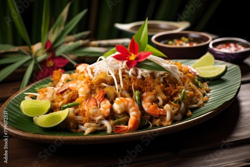 Pad Thai, a popular Thai street food dish, is made with stir-fried rice noodles