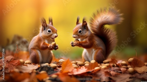 Two squirrels are sitting on a pile of autumn leaves