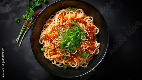 A bowl of delicious noodles with a spicy sauce, topped with sesame seeds and green onions.