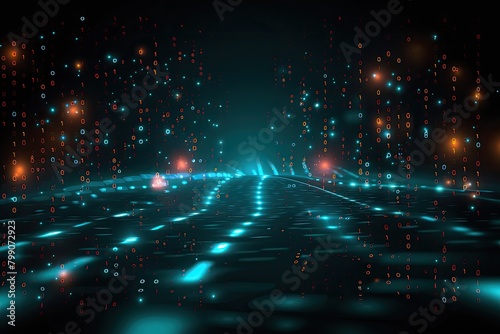 Cyan Light Streaks  Glowing Binary Code Black Background