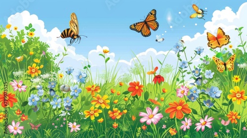 A summer meadow with bees and butterflies visiting flowers 