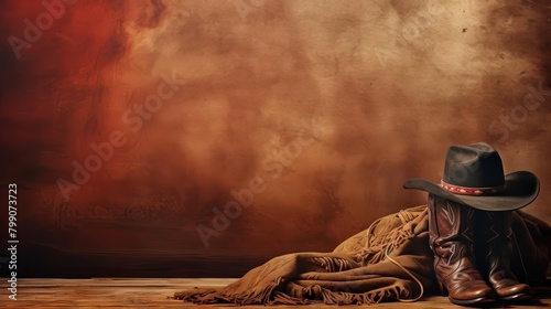 A cowboy hat and boots are sitting on a wooden floor in front of a brown background. photo