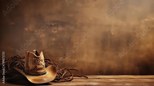 A cowboy hat and lasso rope lay on a wooden table against a dark background. photo