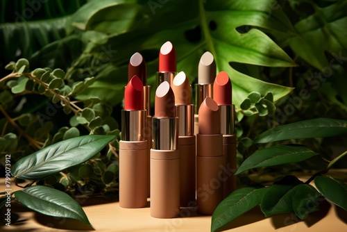 several lipsticks in neutral shades displayed on a table against a lush green background