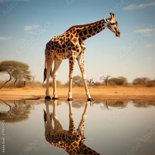 A tall giraffe stands in the middle of a watering hole