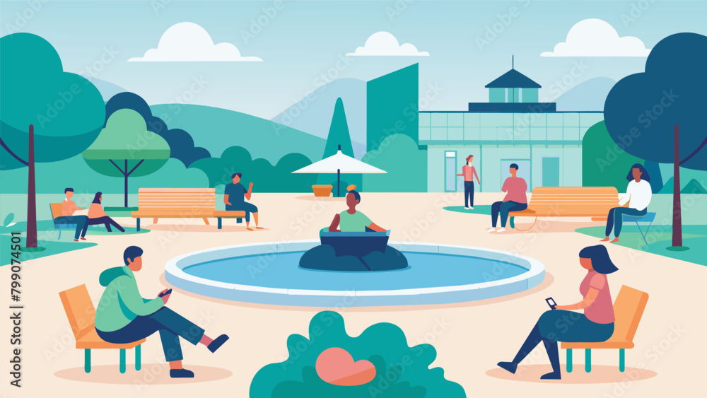 A public plaza with designated calming areas for individuals who are feeling overwhelmed or need a break.. Vector illustration