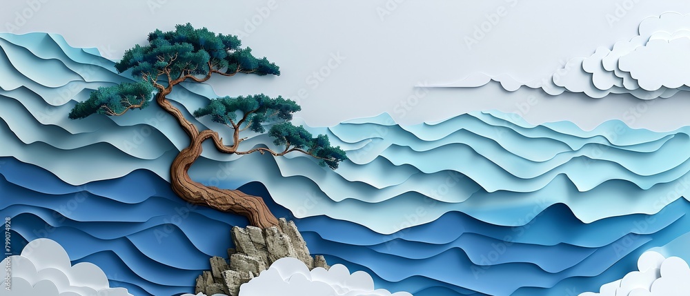 A striking 3D paper cutout style depicts a lone large tree perched on a rocky outcrop beside a vast sea under a cloudy sky.