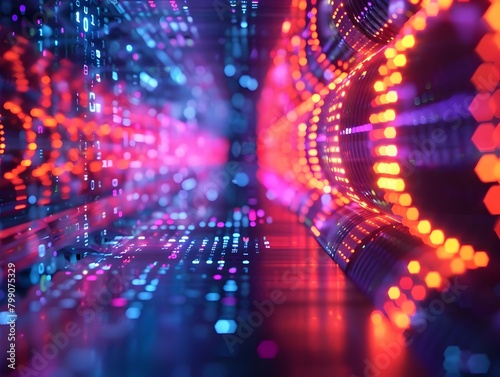 Neon Lit Fiber Optic Cables Visualizing Quantum Data Flow and Energy in a Futuristic Processing Unit
