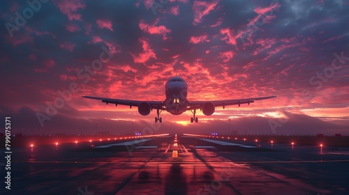 Majestic Jetliner Lifting Off at Vibrant Dawn with Glowing Clouds and Sky photo