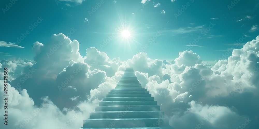 Ethereal Stairway to the Heavens A Surreal Journey of Spiritual Ascension Through Billowing Clouds and Radiant Sunlight
