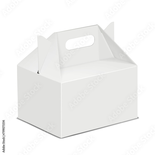 Gable box. Realistic vector mockup. White blank carton packaging mock-up. Cardboard gift bag with handle. Template for design © JAYANNPO