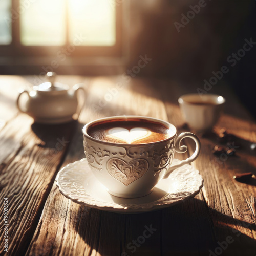 A cup of coffee with milk foam in the shape of a heart stands on a rustic wooden table  illuminated by the morning sun.