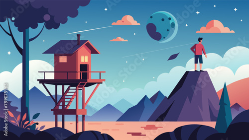 A man stands on the edge of his old treehouse staring out at the familiar landscape and remembering the days when he would dream of building a. Vector illustration