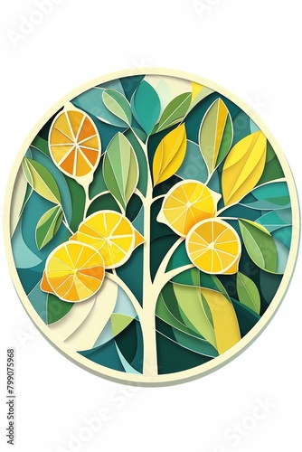 Lemon tree circular design, abstract chromolithographic style, lush colors and artistic flair, isolated on white,  photo