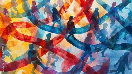 Intersectionality, complex overlay of diverse figures, watercolor interwoven paths, 