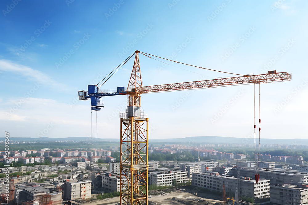 A towering construction crane dominates the skyline against a clear blue sky, indicative of ongoing urban development. Generative AI A towering construction crane dominates the skyline against a clear blue sky, indicative of ongoing urban development. Generative AI