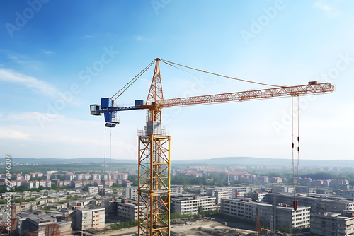 A towering construction crane dominates the skyline against a clear blue sky, indicative of ongoing urban development. Generative AI