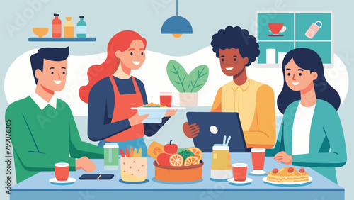 A group of coworkers sharing their favorite meal planning recipes over lunch exchanging advice on how to save money and time in the kitchen.