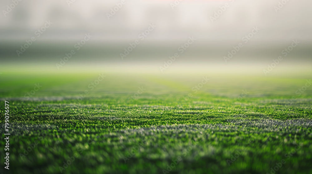 A field of green grass with a white line on the ground. The field is empty and the sky is cloudy