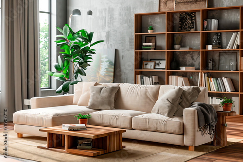A warmly lit living room combines modern and rustic elements, featuring a comfortable beige sofa, a large wooden bookshelf filled with books and decor, and vibrant green houseplants