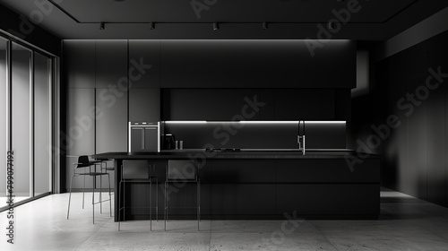 Ultra-modern design in a kitchen with sleek black surfaces, integrated appliances, and a dramatic interplay of light and shadow, all contributing to a sophisticated and streamlined aesthetic