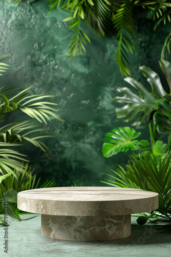 Stone empty podium on rough green wall background with plants for show product presentation. Mock up the pedestal