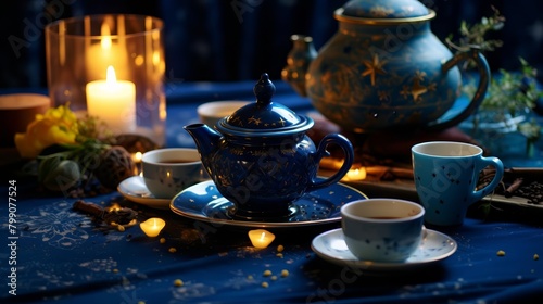 A beautiful blue and gold tea set is sitting on a table and is surrounded by candles