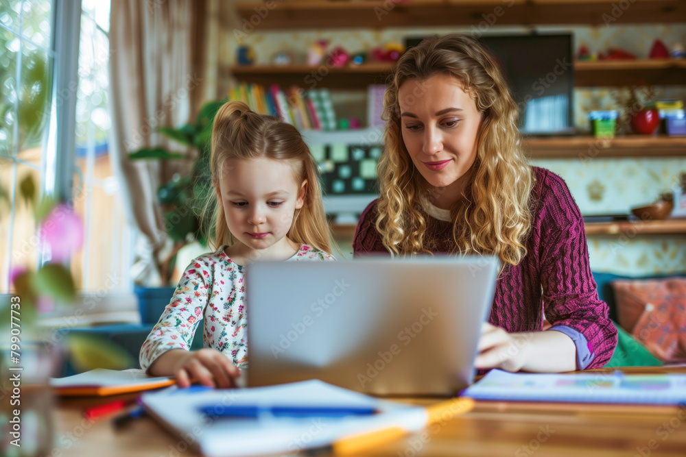Mother and daughter in their home using laptop for homework together. Online education concept. Shallow depth of field Mother and daughter in their home using laptop for homework together. Online education concept. Shallow depth of field