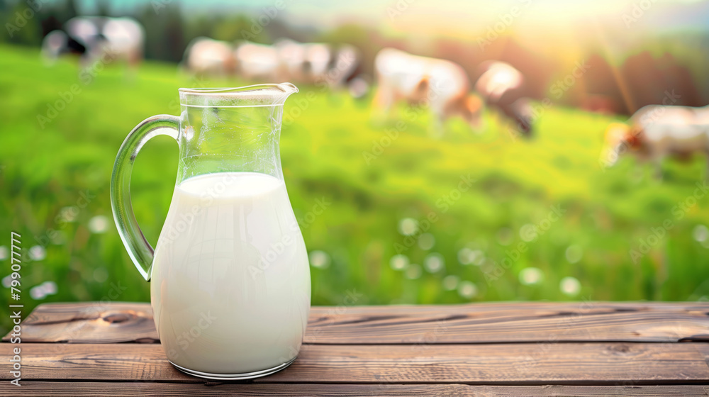 Glass jug of milk on wooden table against a bright green meadow with cows walking on grass, copy space. Shallow depth of field Glass jug of milk on wooden table against a bright green meadow with cows walking on grass, copy space. Shallow depth of field