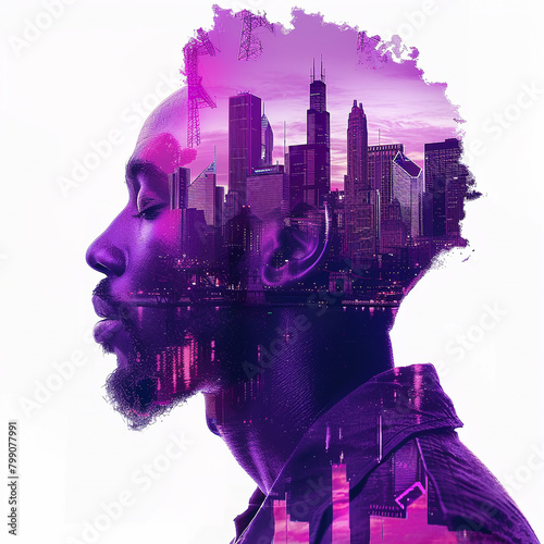 Fantasy abstract portrait of a man and a city