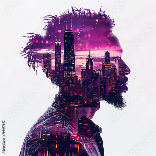 Fantasy abstract portrait of a man and a city