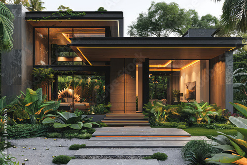  Ultrarealistic, modern house exterior design with dark gray stone and wood accents in the front facade, showcasing large windows, a concrete floor path leading to an elegant wooden door.