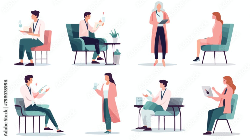 Patients visiting doctor set. Therapist consulting