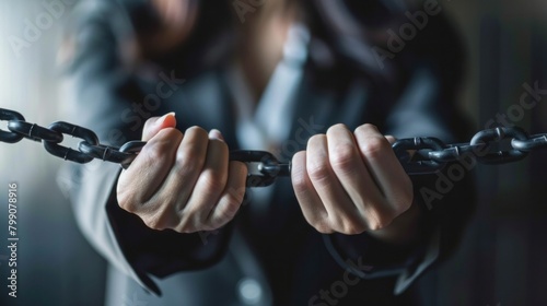 Connection business. Businesswoman holding chains together -