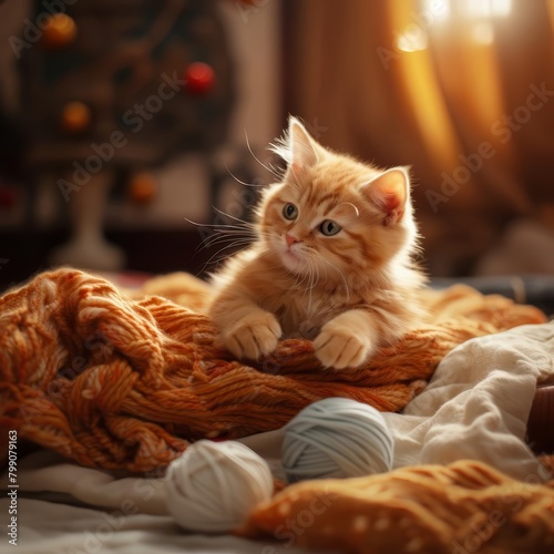 A cute ginger kitten is playing with a ball of yarn