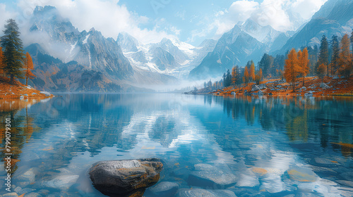 A breathtaking landscape painting of the fresh and pristine turquoise waters reflecting snowcapped mountains. Created with Ai photo