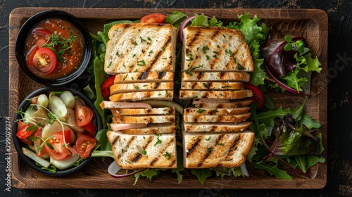 Club Sandwich and Salad greens on a wooden tray.