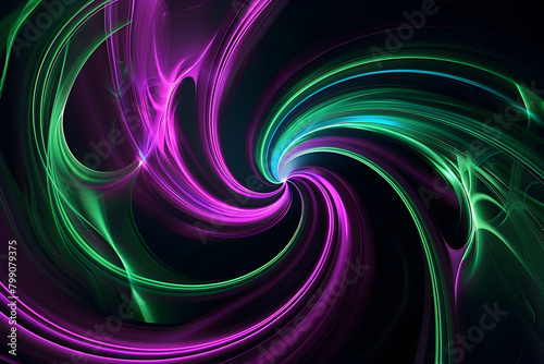 Abstract neon swirl design with green and purple patterns. Eye-catching artwork on black background.