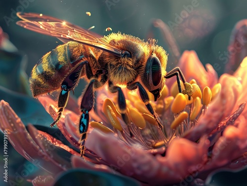 A hyper-detailed close-up captures a bee intricately pollinating a vibrant flower, showcasing the delicate dance of nature and life in vivid detail.