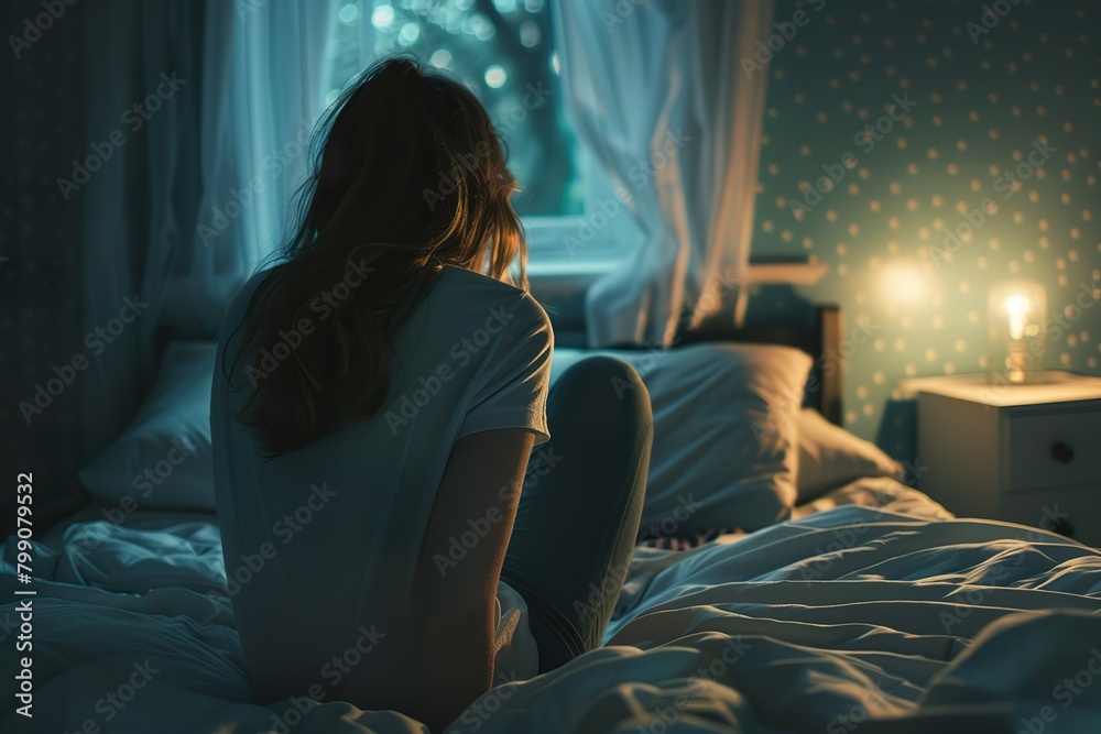 Image of a female experiencing difficulty sleeping in bed, in a nighttime setting. Concept of insomnia and stress Image of a female experiencing difficulty sleeping in bed, in a nighttime setting. Concept of insomnia and stress