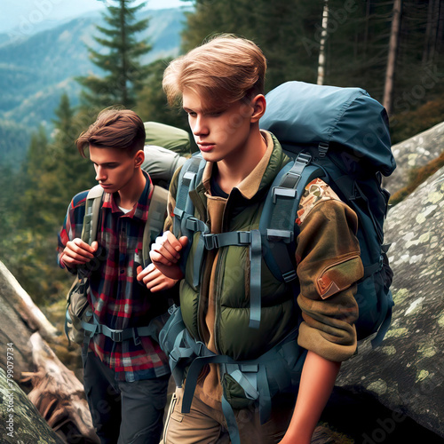 young people with backpacks hiking and enjoying nature active hiking lifestyle, outdoor adventure, mountain landscape background