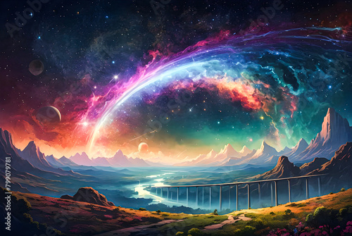 A cosmic landscape with colorful nebulae, swirling galaxies, and a rainbow bridge stretching across the stars vector art illustration image. 