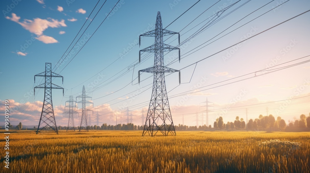 Field With Power Lines in the Distance. Generative AI. Field With Power Lines in the Distance. Generative AI.