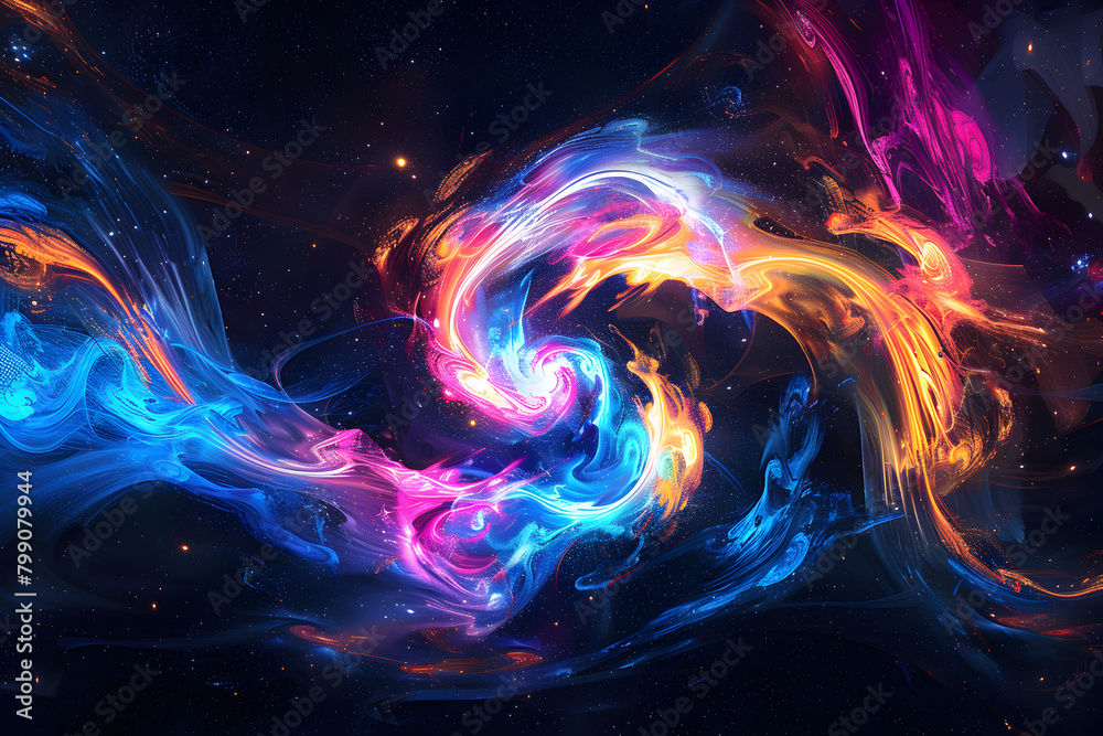 Neon galaxy art featuring vibrant colors and swirling shapes. Eye-catching display on black background.