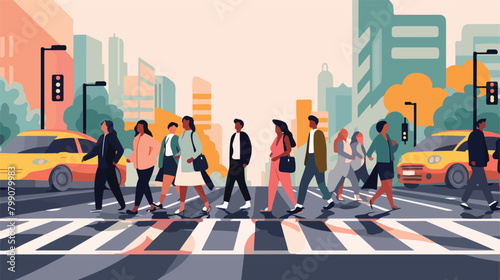 People at crosswalk flat vector illustration. Urban photo