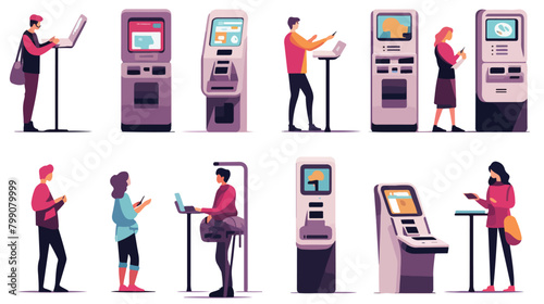 People at self-service ordering kiosks set. Buying