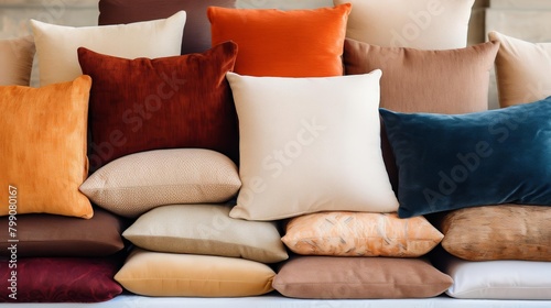 A variety of throw pillows in different colors and textures are arranged on a bed