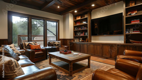 cozy family tv room with leather and wood seating, wood table, and orange pillow, featuring a large