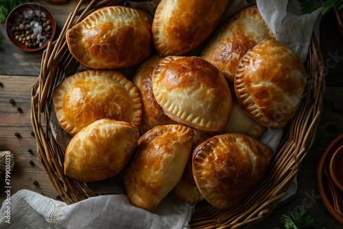 Small Russian Pastries Filled with Cabbage or Meat, Traditional Savory Snacks photo